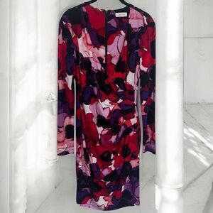 Calvin Klein Red and Purple Watercolor Long Sleeve Career Dress Size XS/S